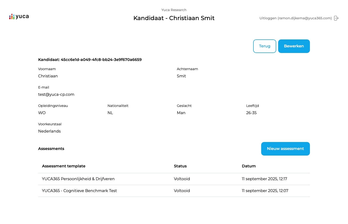 Voorbeeld van een kandidaatprofiel in de yuca365-portal